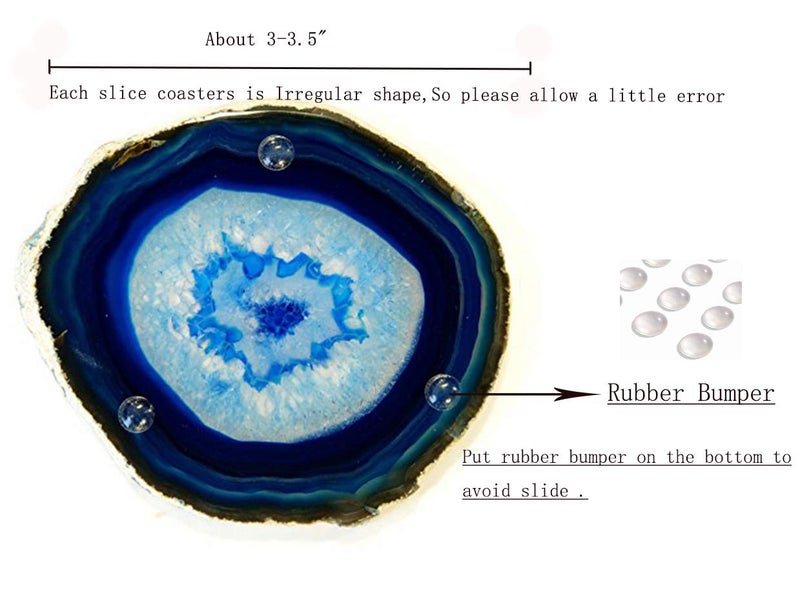 JIC Gem 3-3.5" Dyed Blue Color Small Size Agate Coastes Polished Natural Geode Stone Coasters Agate Slices Set of 4 with Protective Rubber Bumper Home Decorative - Image 3